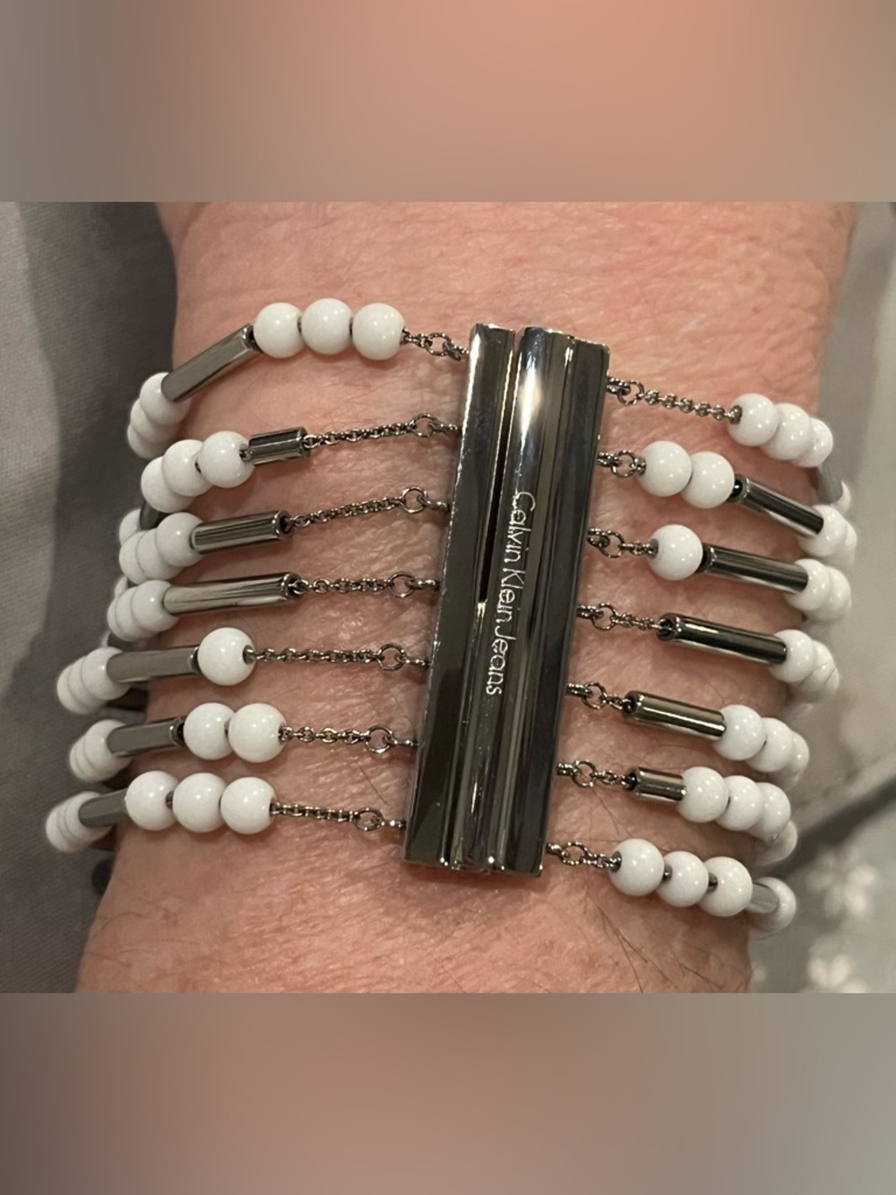 Calvin Klein Silver-Tone Multi-Strand Bracelet with White Beads NWT in box - Picture 6 of 7